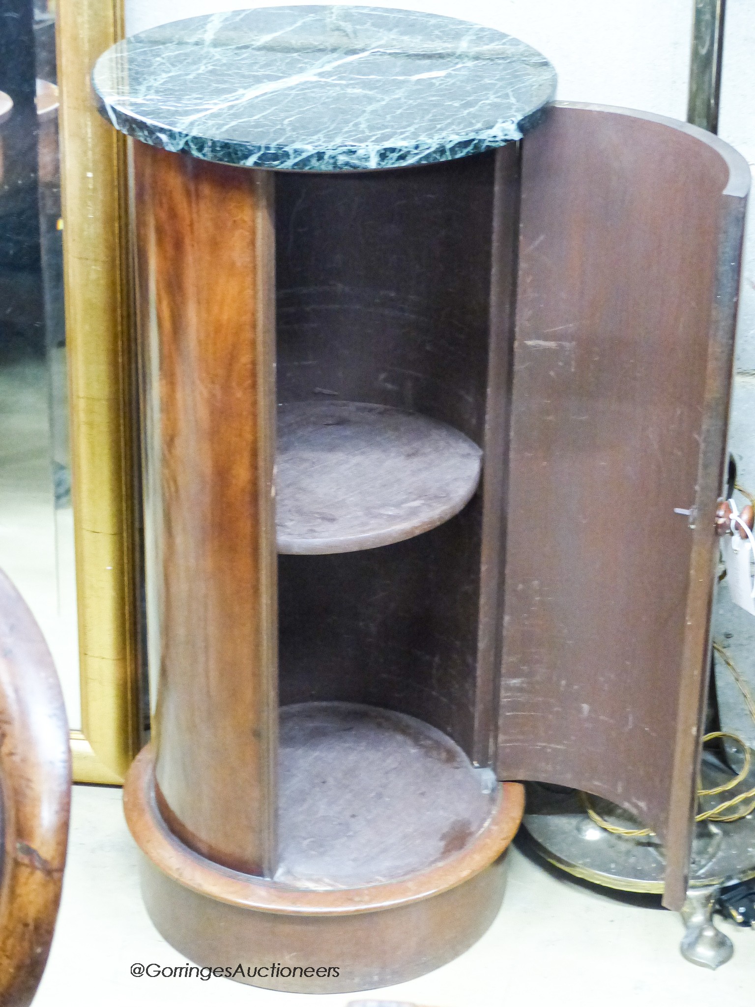 A Victorian mahogany cylinder pot cupboard with marble top, diameter 39cm, height 85cm